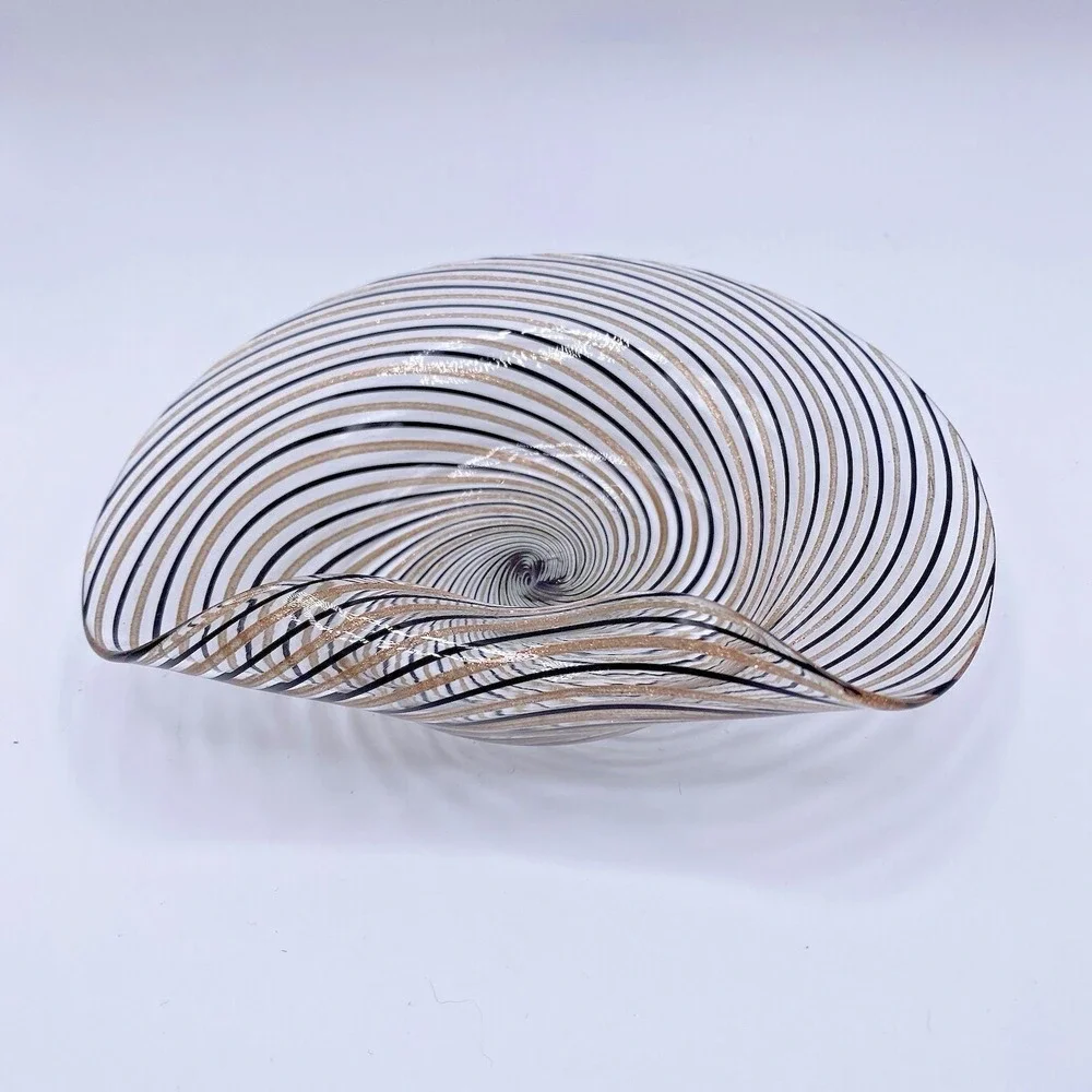 Murano Glass Handkerchief Bowl Gold Black Swirl Dino Martens Aureliano Toso